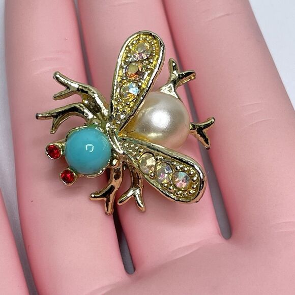 Vintage Bumblebee Mini Brooch Pin Aqua Cabochon Rhinestone 1" Estate Gold Tone - Picture 3 of 6